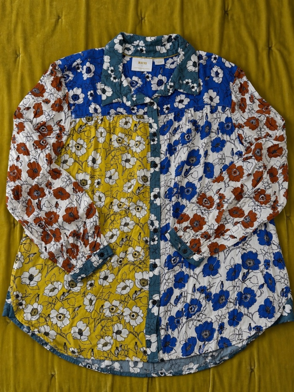 Anthropologie Maeve Blue, Teal & Yellow Floral Patchwork Shirt